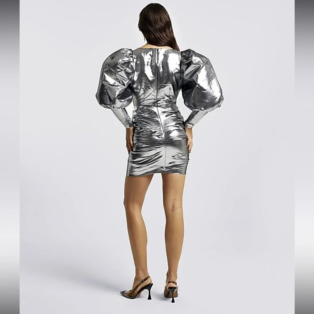 NWT River Island Metallic Silver Balloon Sleeves Bodycon Mini Dress Size 8 US - Picture 3 of 14